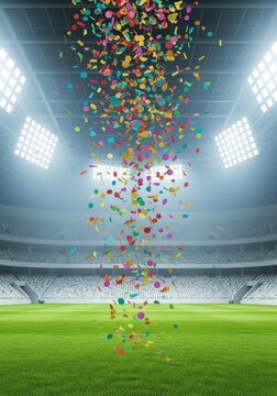 Colorful paper confetti falls through the air above a large empty athletic arena with bright stadium lights and a lush green grass field, championship, football, lights