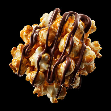 Chocolate popcorn cluster kernel coated in glossy golden caramel, isolated on black background, concept of gourmet snack food