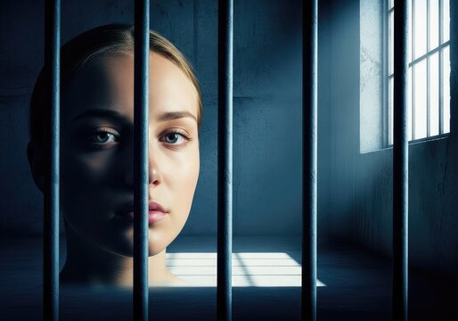 Fair facial features appear behind heavy iron bars in a dark cold room conveying isolation and sadness within a gritty concrete interior, fair, bars, light