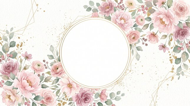 Watercolor Floral Frame Background with Pink Roses and Gold Geometric Lines