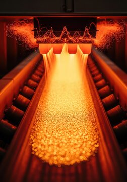 Glowing granular materials move on a conveyor belt inside a furnace while overhead radiant emitters provide intense heat for sintering, engineering, industrial, factory