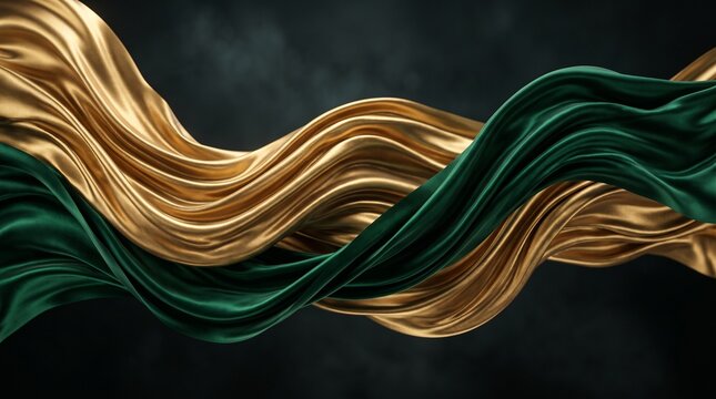 Luxury Flowing Satin Fabric Waves in Metallic Gold and Deep Emerald Green on Dark Background