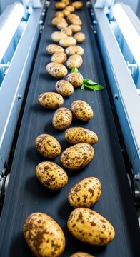 High angle view of raw earth-covered potatoes traveling on a rubber conveyor system inside a clean industrial vegetable processing unit, plant, line, production