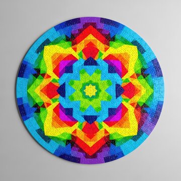 High resolution top view of a complete circular jigsaw puzzle with colorful interlocking pieces forming a complex, abstract geometric pattern, overhead, pattern, background