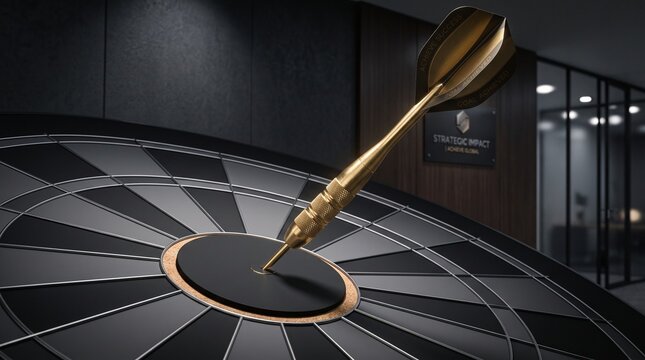 Metallic Gold Dart Hitting Center of Black Bullseye Target in Corporate Office Background