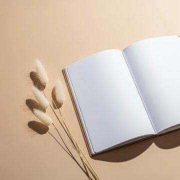 Minimalist composition featuring an open blank notebook and soft dried pampas grass on a neutral beige background with gentle shadows, botanical, soft, interior