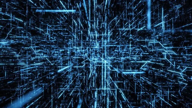 Abstract digital network grid with glowing blue lines moving rapidly in deep space during a data flow simulation