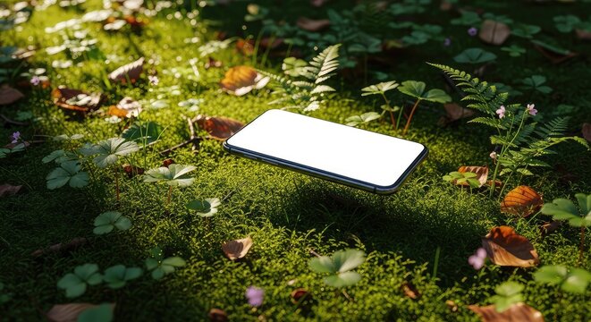 Modern smartphone with a blank white screen floats above a mossy forest floor surrounded by lush green foliage and soft morning sunlight, template, spring, futuristic