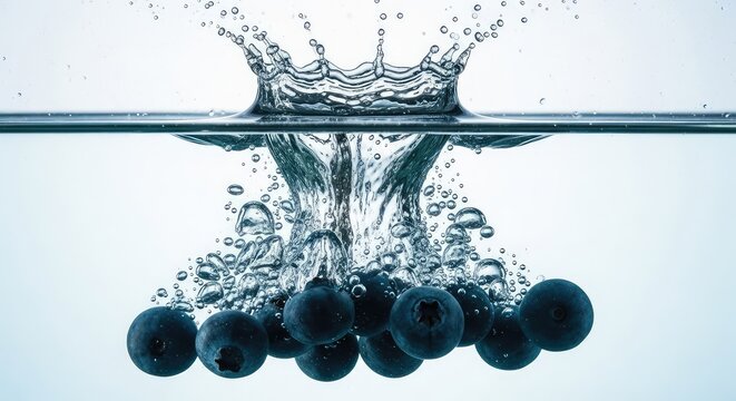 Plump blueberries drop into clear water with a dynamic splash, creating bubbles and movement, ideal for a refreshing fruit juice advert, food, wet, falling