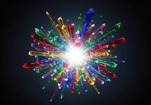 Shards of colorful glass explode from a central point of intense light, forming a dynamic and artistic pattern against a dark background, velocity, motion, depth