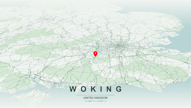 Modern minimalist vector map of Woking, Surrey, England, United Kingdom. High-quality scalable illustration of Woking geographic boundaries along Basingstoke Canal and River Wey for posters design.