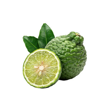 Whole and sliced kaffir lime fruit with green leaves on a white background, isolated on a, transparent background