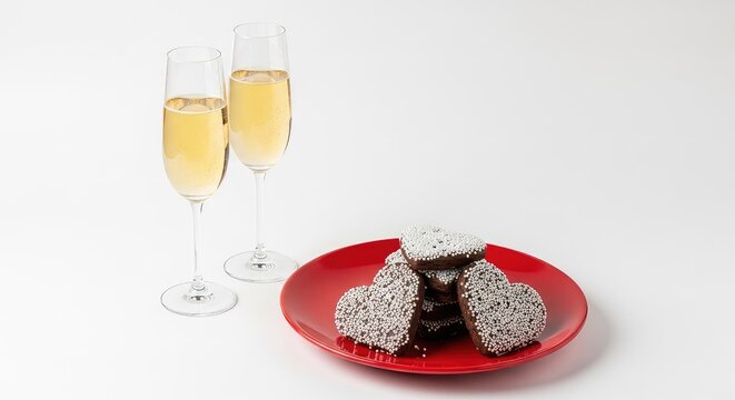 Two elegant fluted glasses filled with sparkling liquid sit next to a red plate of heart-shaped chocolate cookies with many white sprinkles, beverage, heart-shaped, still life
