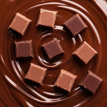 Velvety background of melted chocolate swirls with scattered cubes of dark and milk chocolate, creating a rich and indulgent dessert texture, brown, background, organic