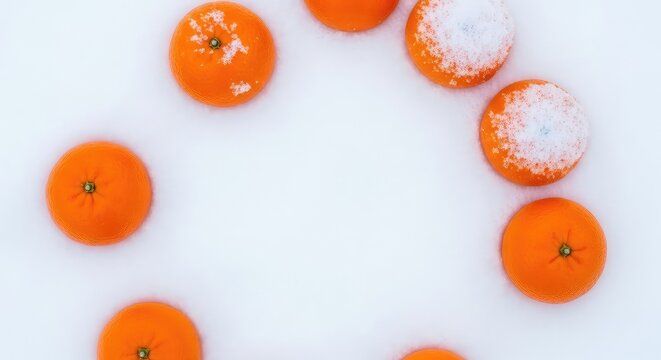 Vibrant orange tangerines rest upon a blanket of fresh white snow, creating a beautiful winter contrast between warm fruit and cold ice, outdoors, delicious, frozen