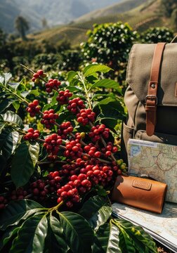 Vibrant red coffee cherries grow on lush green branches beside a modern canvas backpack and trail map in a sunlit mountain plantation scene, organic, modern, leaves