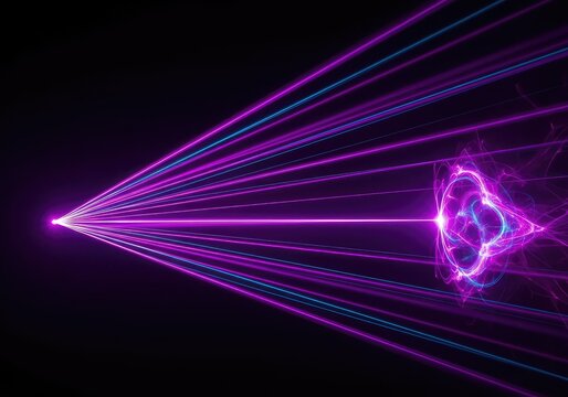 Vibrant purple laser beams pierce through a dark black void, creating sharp rays and glowing neon lines in a futuristic light show, stream, laser, violet