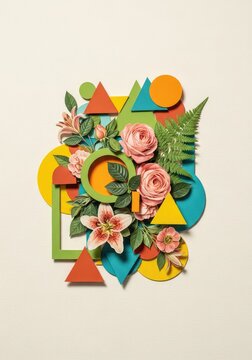 Vintage collage featuring hand-cut floral elements mixed with abstract geometric shapes on a textured paper background with retro colors, cutout, texture, floral