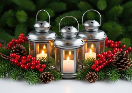 Vintage metal lanterns with warm glowing candles nestled among green pine needles, red berries, and rustic cones create a festive scene, evergreen, flame, night