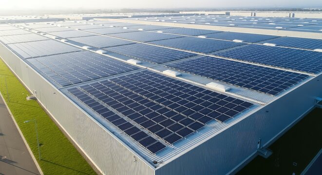 Wide aerial view of a modern industrial warehouse featuring rows of photovoltaic solar panels on the roof for sustainable green energy, grid, efficiency, facility