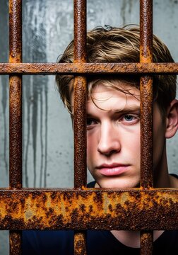 Youthful fair features and light hair are visible through rusted iron bars of a humid concrete cell, evoking isolation and deep regret, holding, emotion, justice