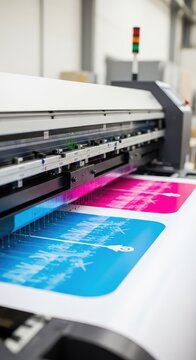 Wide-format inkjet printer in operation, depositing vibrant cyan and magenta ink onto a large paper roll in a bright industrial workshop, paper, printer, cyan