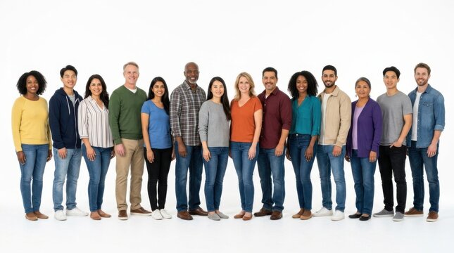 Diverse group of people standing in a row isolated on white background