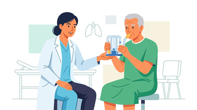 Doctor assists elderly patient with spirometer for lung function test in clinic