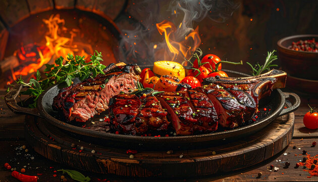 Gourmet T-bone steak grilled over open fire served with tomatoes and herbs