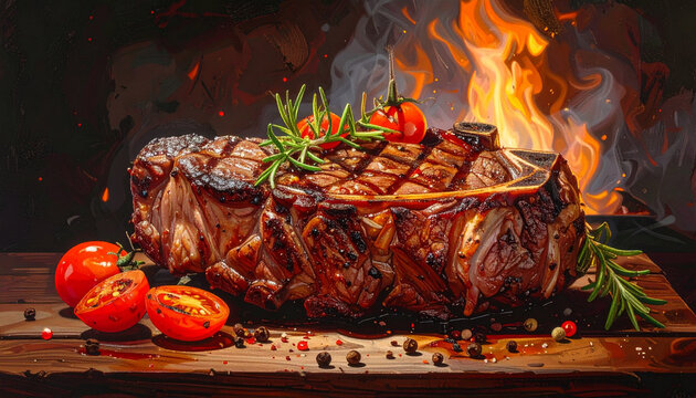 Grilled Tomahawk Steak with Tomatoes and Rosemary on Wood