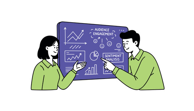 Professional team analyzing audience engagement and sentiment trends using graphs and emotional feedback charts.