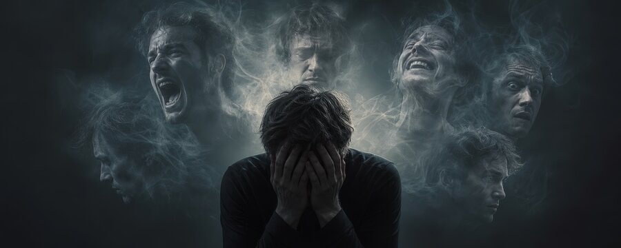 Man covering face with hands surrounded by ghostly screaming faces in dark smoke. Mental health problems, depression, anxiety and inner demons