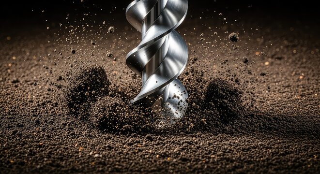 A detailed macro view of a metallic drill bit rotating and plunging deep into dark moist earth, sending soil particles and dirt flying, foundation, metal, work