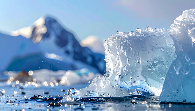 Close-up of melting ice chunks in polar landscape with mountains