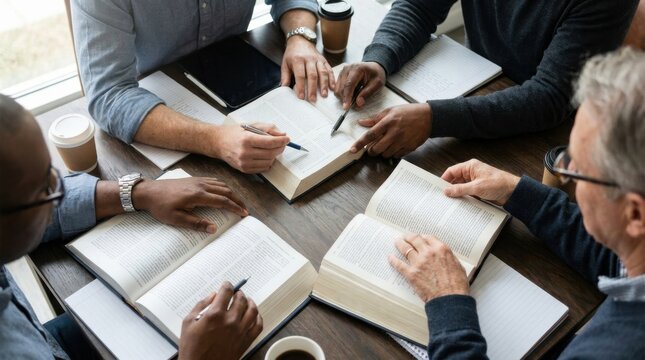 Diverse group of people studying together with books and pens at a wooden table