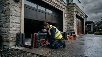 Fototapeta premium Worker installing flood barrier at residential garage door for flood protection