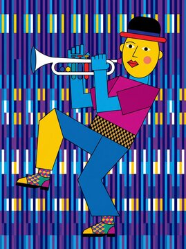 Colorful Geometric Illustration of a Jazz Trumpet Player Against a Striped Pattern Background