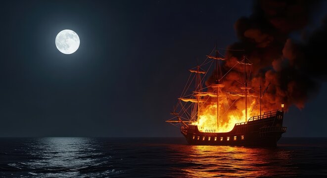 A massive wooden galleon engulfed in bright orange flames and thick black smoke drifts across the dark night ocean under a full moon glow, frigate, danger, heat