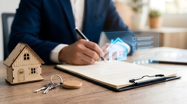 Mortgage broker signs loan agreement with digital interface.
