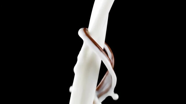 Chocolate syrup spiraling around stream of pouring milk on black