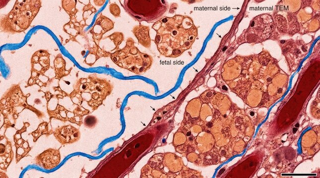 Microscopic view demonstrating environmental contaminant plastic fiber accumulation within delicate biological system, showing potential health risk, cellular damage, organism danger, adverse impact.