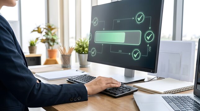 Office worker uses computer for automated business process.