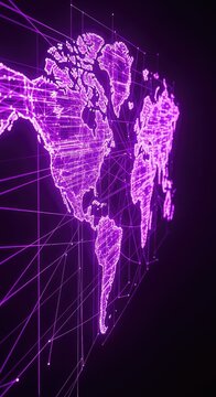 Abstract futuristic world map featuring vibrant purple glowing lines representing global network connectivity and high-speed digital data, dark, neon, data