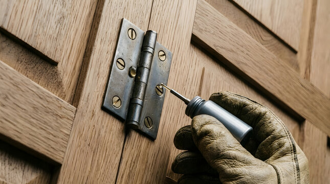 Oiling Squeaky Wooden Door Hinge with Oil Can | Applying Lubricant Oil to Metal Door Hinge Pin | Gloved Hand Lubricating Door Hinge Mechanism Close Up