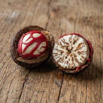 Nutmeg Spice Seed In Shell On Wood Table