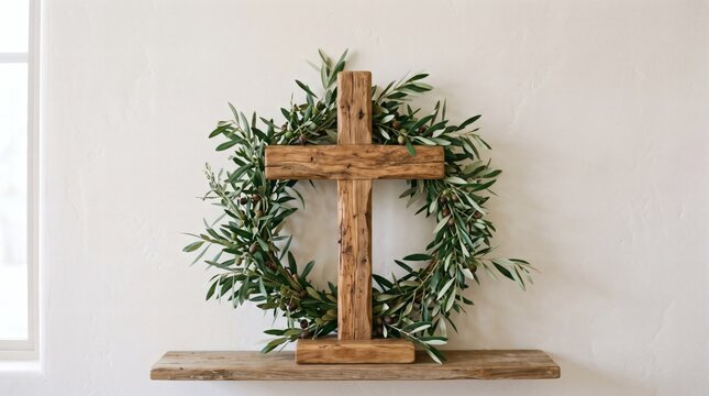 Rustic Wooden Cross Adorned with Olive Branches and Olives on a Shelf