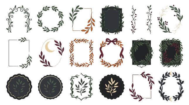Vintage Hand Drawn Leaf Frames, Botanical Floral Wreath Collection for Invitations. Retro Elegant Garden Plants Borders Vector Set for Wedding Design Labels