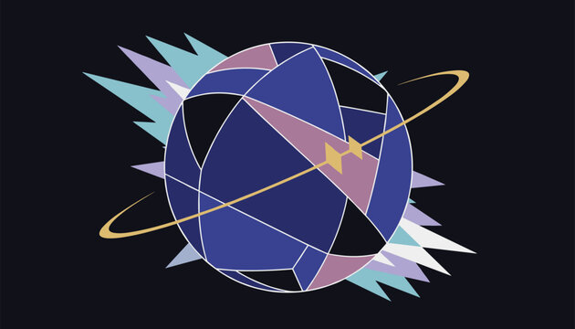 Stylized abstract globe composed of geometric facets in shades of blue and purple, surrounded by soft colorful rays and a golden ring.
