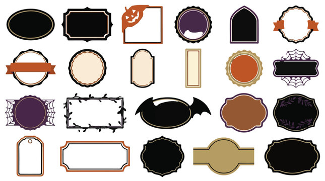 Halloween vector labels set, spooky borders, decorative frames, pumpkin, bat, coffin, black, purple, brown, orange, vintage, collection, for design