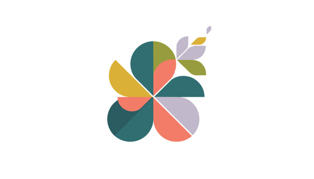 Abstract colorful flower blossom graphic composed of geometric shapes in teal, orange, purple, and green tones.